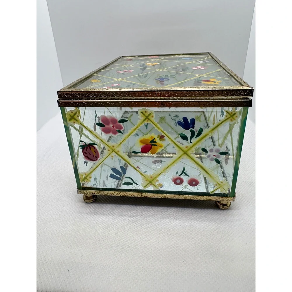 Vintage Hand Painted Glass Jewelry Box Floral Fruit Lattice Brass Trim Mirrored